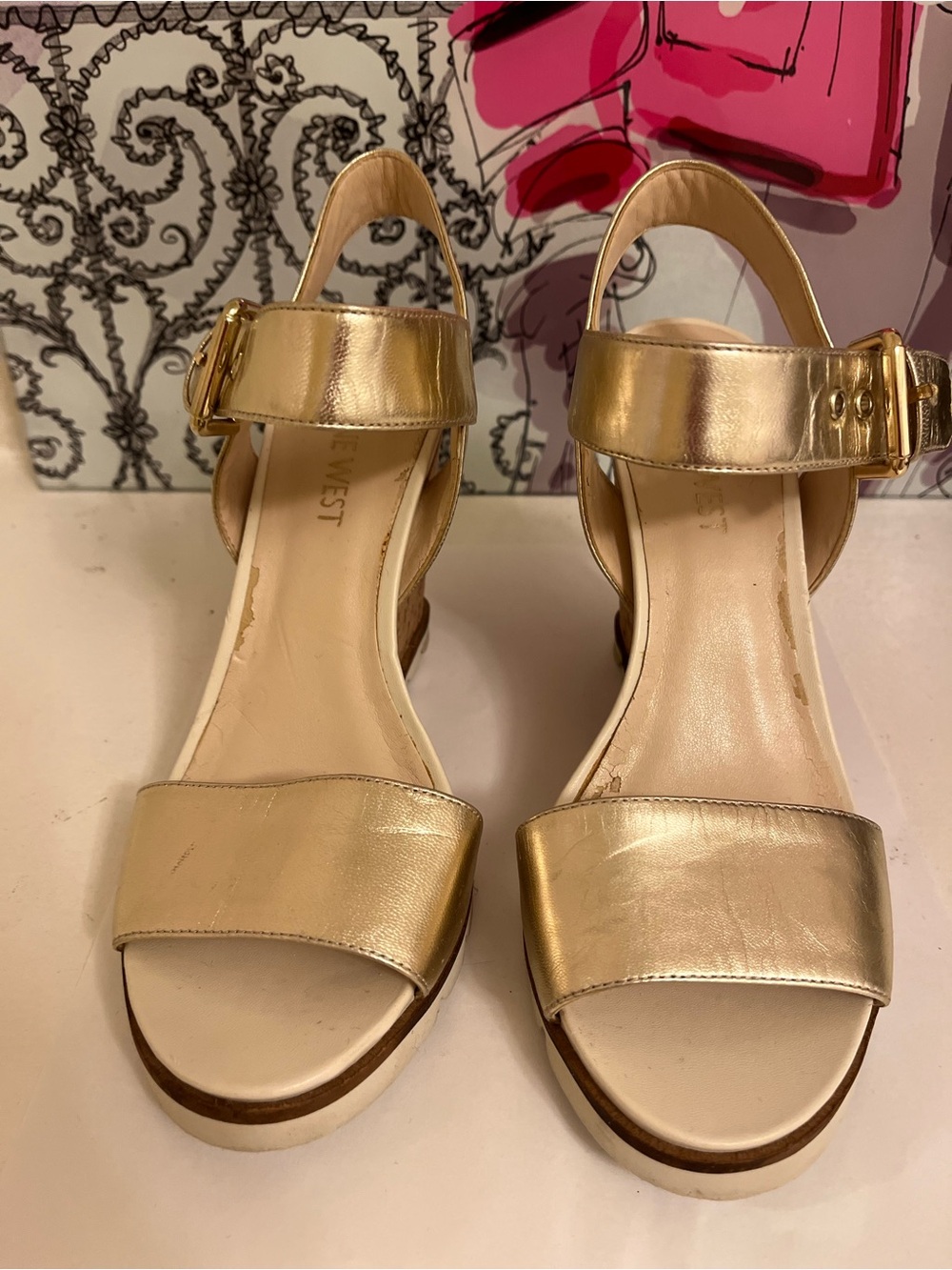 Nine West Metallic Gold Open-Toe Ankle-Strap Wedge Sandals - Size 6.5 M
